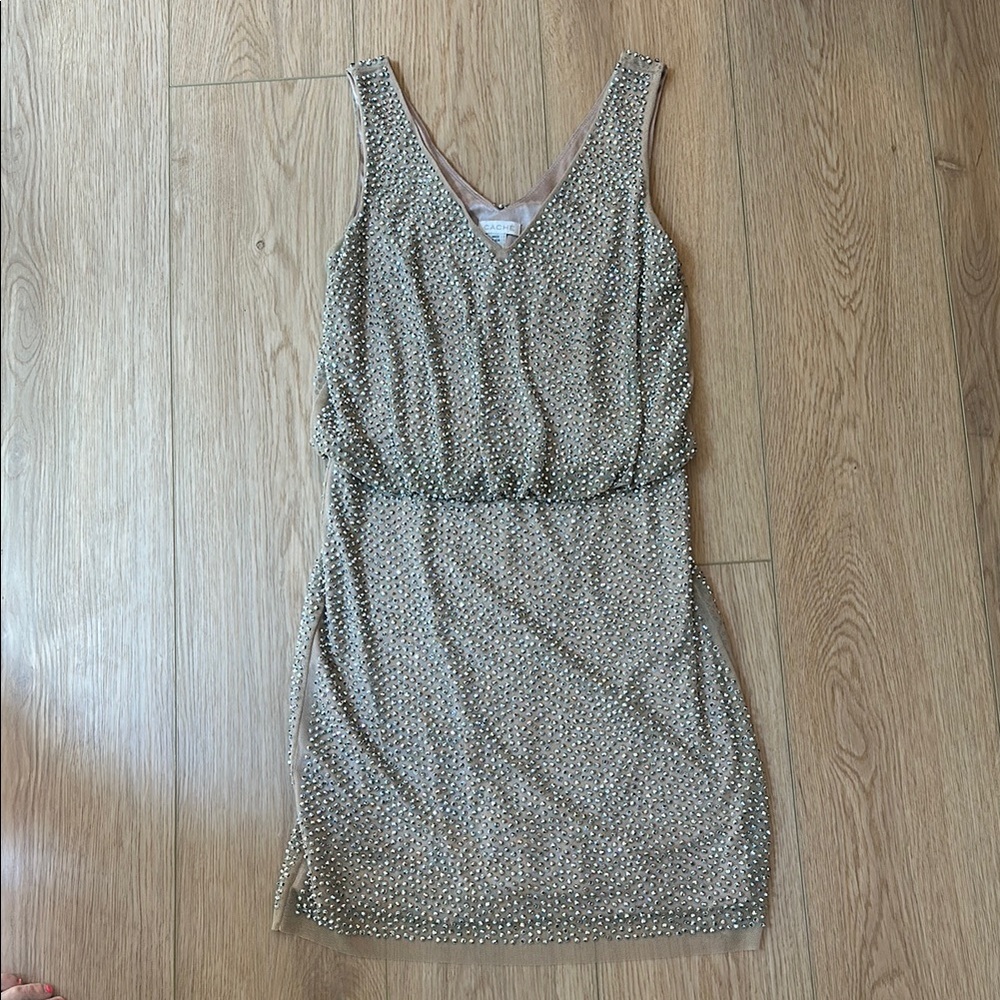 Cache Silver and Cream Beaded Dress